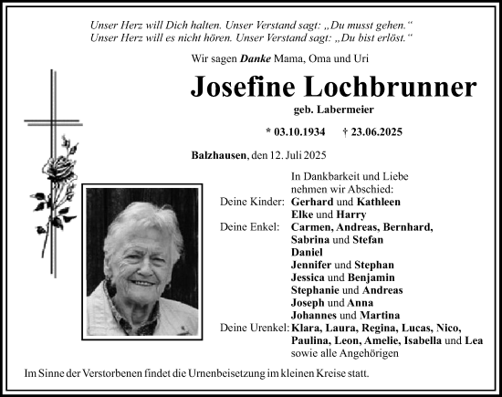 Traueranzeige von Josefine Lochbrunner von Mittelschwäbische Nachrichten