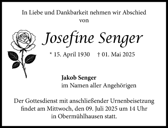 Traueranzeige von Josefine Senger von Landsberger Tagblatt