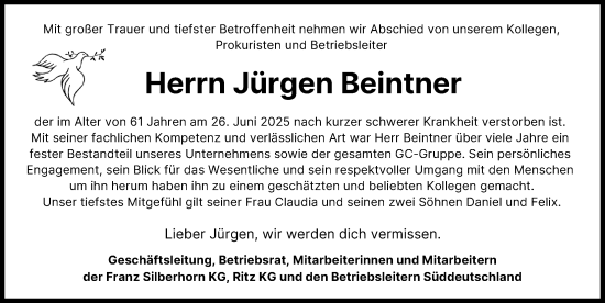 Traueranzeige von Jürgen Beintner von Augsburger Allgemeine