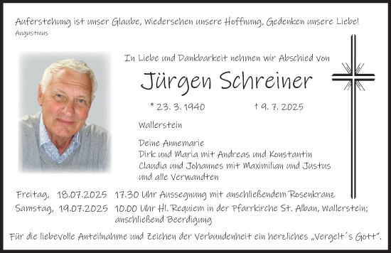 Traueranzeige von Jürgen Schreiner von Rieser Nachrichten