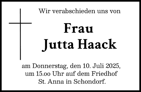 Traueranzeige von Jutta Haack von Landsberger Tagblatt