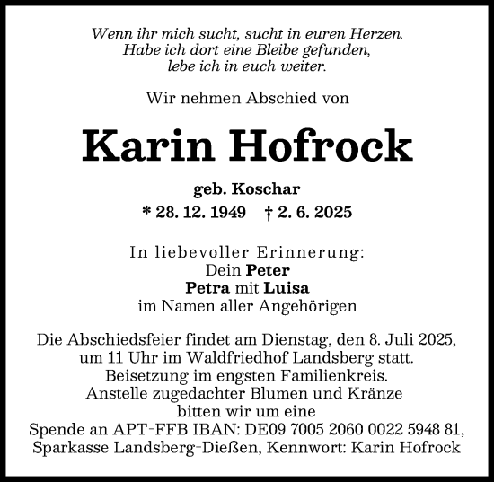 Traueranzeige von Karin Hofrock von Landsberger Tagblatt
