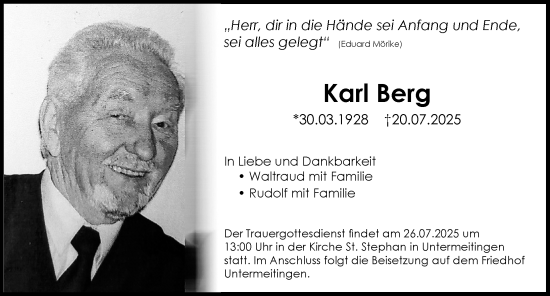 Traueranzeige von Karl Berg von Schwabmünchner Allgemeine, Augsburg-Land
