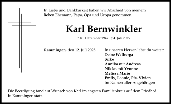 Traueranzeige von Karl Bernwinkler von Mindelheimer Zeitung
