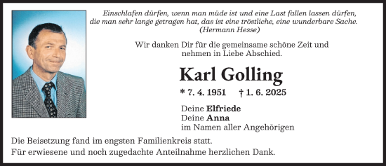 Traueranzeige von Karl Golling von Friedberger Allgemeine
