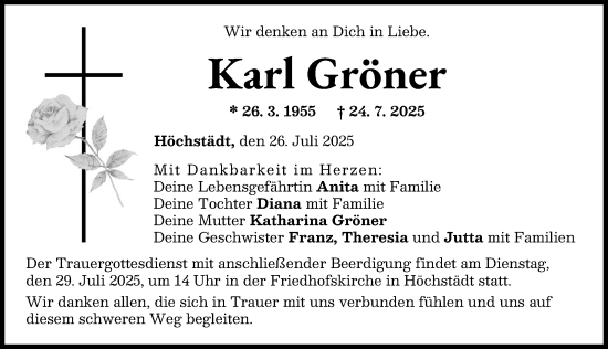 Traueranzeige von Karl Gröner von Donau Zeitung