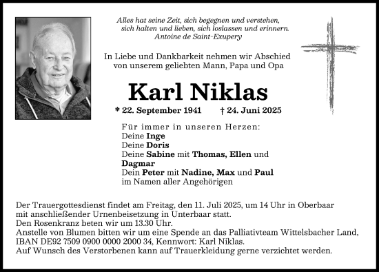 Traueranzeige von Karl Niklas von Aichacher Nachrichten, Augsburg-Land, Neuburger Rundschau