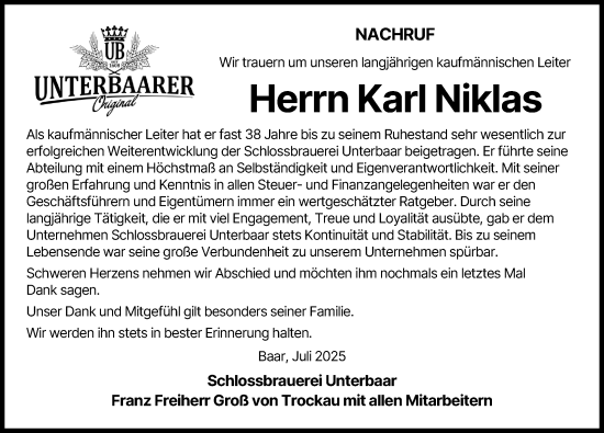 Traueranzeige von Karl Niklas von Aichacher Nachrichten, Augsburg-Land, Neuburger Rundschau