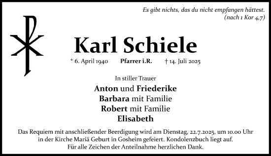 Traueranzeige von Karl Schiele von Donauwörther Zeitung