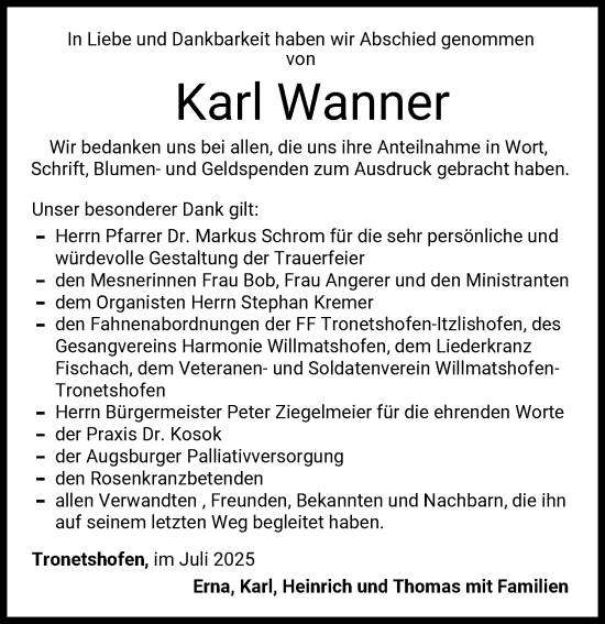 Traueranzeige von Karl Wanner von Augsburger Allgemeine