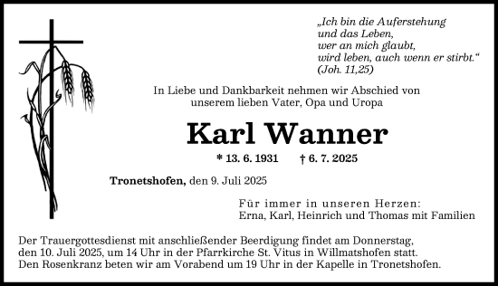 Traueranzeige von Karl Wanner von Augsburger Allgemeine