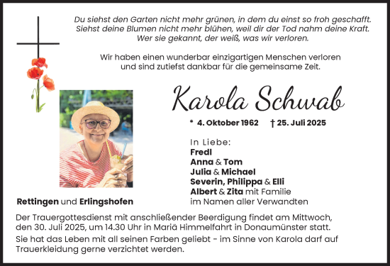 Traueranzeige von Karola Schwab von Donauwörther Zeitung