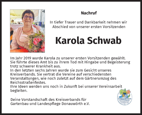Traueranzeige von Karola Schwab von Donauwörther Zeitung