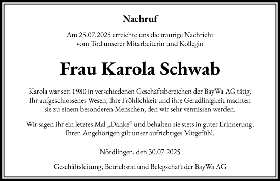 Traueranzeige von Karola Schwab von Donauwörther Zeitung
