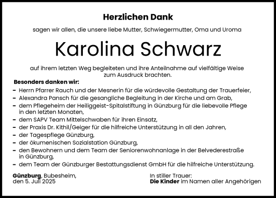 Traueranzeige von Karolina Schwarz von Günzburger Zeitung
