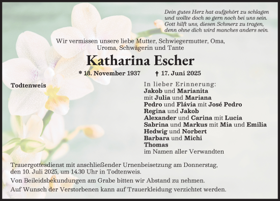 Traueranzeige von Katharina Escher von Aichacher Nachrichten