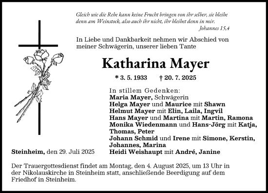Traueranzeige von Katharina Mayer von Neu-Ulmer Zeitung