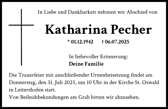Traueranzeige von Katharina Pecher von Augsburg-Land