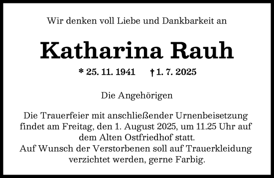 Traueranzeige von Katharina Rauh von Augsburger Allgemeine