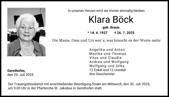 Traueranzeige von Klara Böck von Augsburger Allgemeine