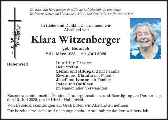 Traueranzeige von Klara Witzenberger von Aichacher Nachrichten