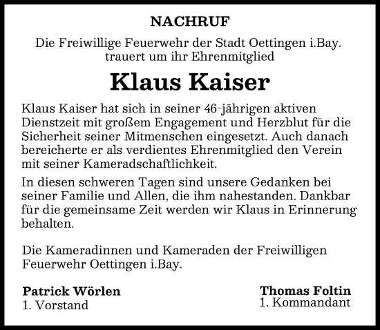 Traueranzeige von Klaus Kaiser von Rieser Nachrichten