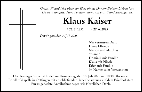 Traueranzeige von Klaus Kaiser von Rieser Nachrichten