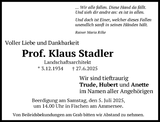 Traueranzeige von Klaus Stadler von Ammersee Kurier