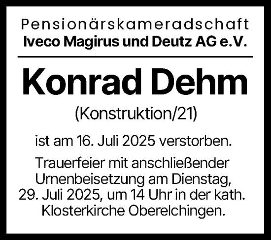 Traueranzeige von Konrad Dehm von Neu-Ulmer Zeitung, Günzburger Zeitung, Illertisser Zeitung