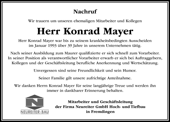 Traueranzeige von Konrad Mayer von Rieser Nachrichten