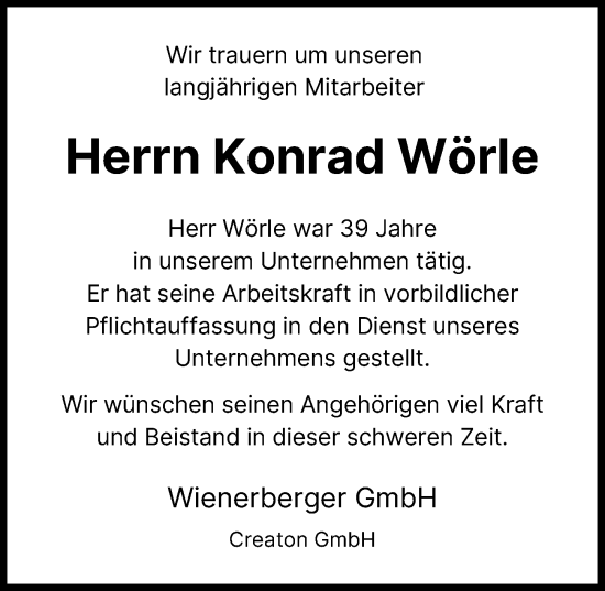 Traueranzeige von Konrad Wörle von Wertinger Zeitung