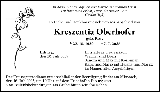 Traueranzeige von Kreszentia Oberhofer von Augsburger Allgemeine