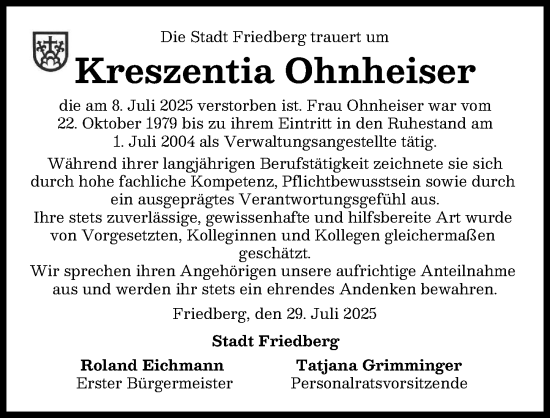 Traueranzeige von Kreszentia Ohnheiser von Friedberger Allgemeine