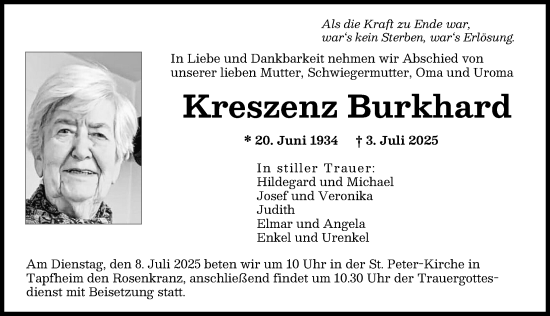 Traueranzeige von Kreszenz Burkhard von Donauwörther Zeitung