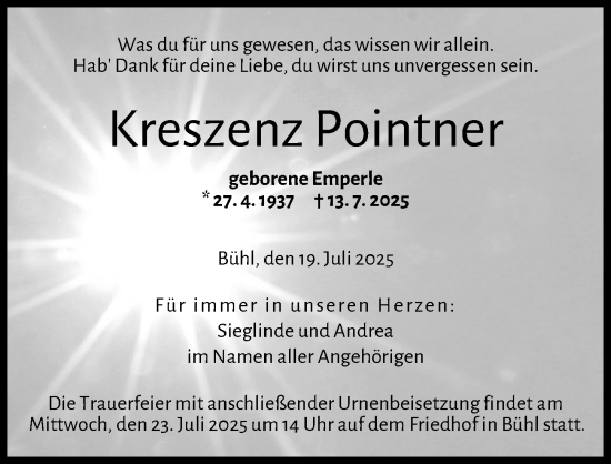Traueranzeige von Kreszenz Pointner von Günzburger Zeitung