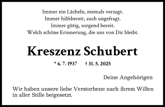 Traueranzeige von Kreszenz Schubert von Augsburg-Land