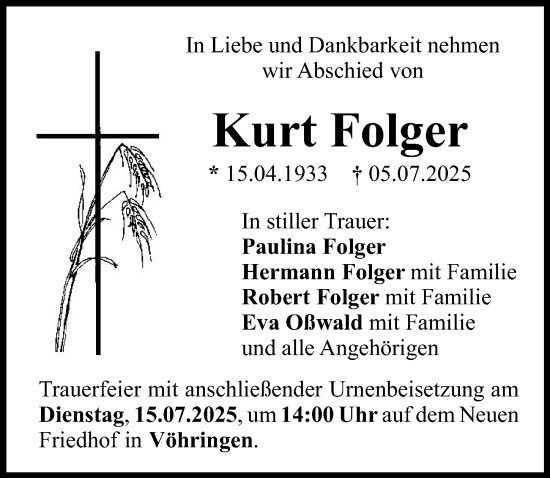 Traueranzeige von Kurt Folger von Illertisser Zeitung