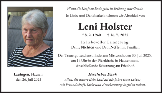 Traueranzeige von Leni Holster von Donau Zeitung