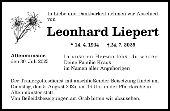 Traueranzeige von Leonhard Liepert von Augsburg-Land, Wertinger Zeitung