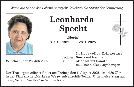 Traueranzeige von Leonharda Specht von Landsberger Tagblatt
