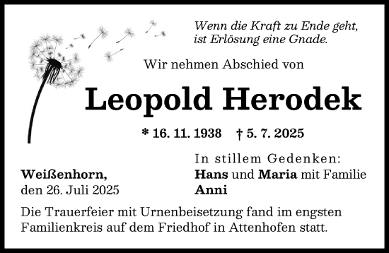 Traueranzeige von Leopold Herodek von Neu-Ulmer Zeitung