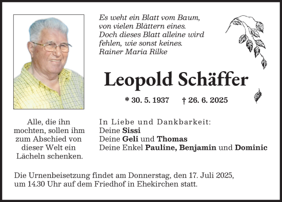 Traueranzeige von Leopold Schäffer von Neuburger Rundschau