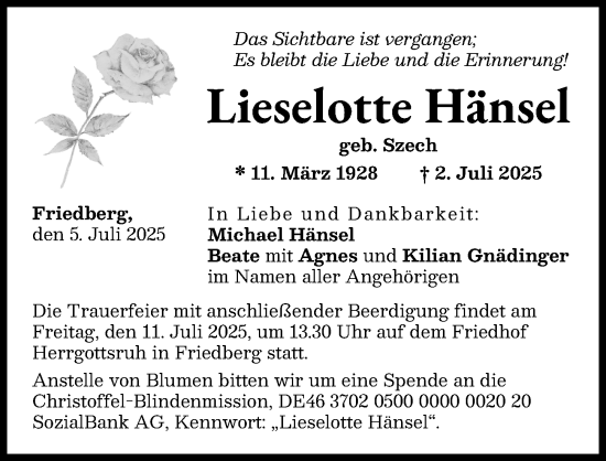 Traueranzeige von Lieselotte Hänsel von Friedberger Allgemeine