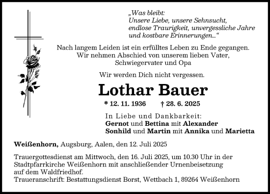 Traueranzeige von Lothar Bauer von Neu-Ulmer Zeitung