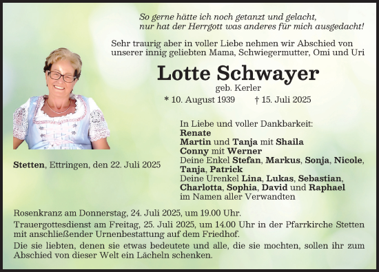 Traueranzeige von Lotte Schwayer von Mindelheimer Zeitung