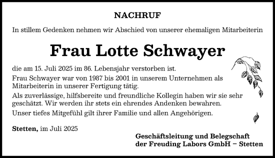 Traueranzeige von Lotte Schwayer von Mindelheimer Zeitung