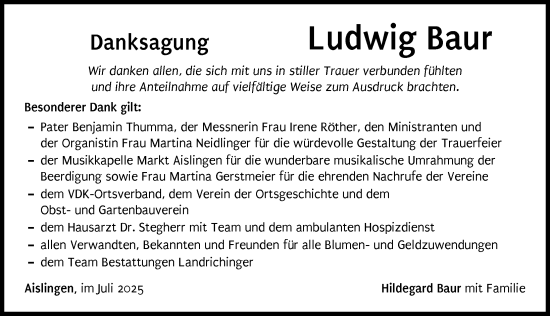 Traueranzeige von Ludwig Baur von Donau Zeitung