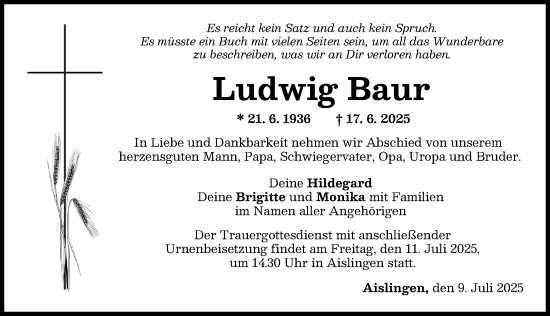 Traueranzeige von Ludwig Baur von Donau Zeitung