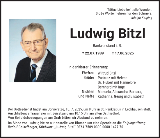Traueranzeige von Ludwig Bitzl von Augsburger Allgemeine