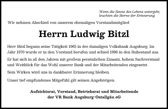 Traueranzeige von Ludwig Bitzl von Augsburger Allgemeine